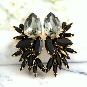 Black Statement Earrings, Bridal Black Crystal Earrings, Back Gray Big Crystal Earrings, Oversize Gray Black Gold Crystal Stud Earrings