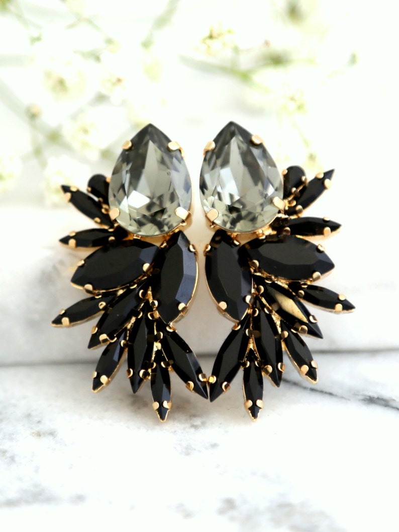 Black Statement Earrings Bridal Black Crystal Earrings Back Etsy