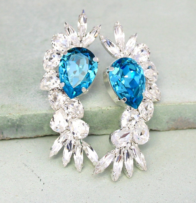 Bridal Earrings Blue Statement Earrings Aquamarine Etsy