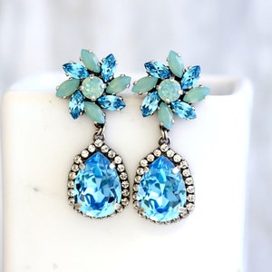 Blue Drop Earrings, Bridal Blue Chandelier Earrings, Blue Green Crystal Chandelier Earrings, Aquamarine Long Crystal Statement Earrings