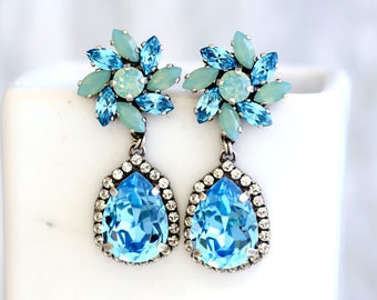 Blue Drop Earrings, Bridal Blue Chandelier Earrings, Blue Green Crystal Chandelier Earrings, Aquamarine Long Crystal Statement Earrings