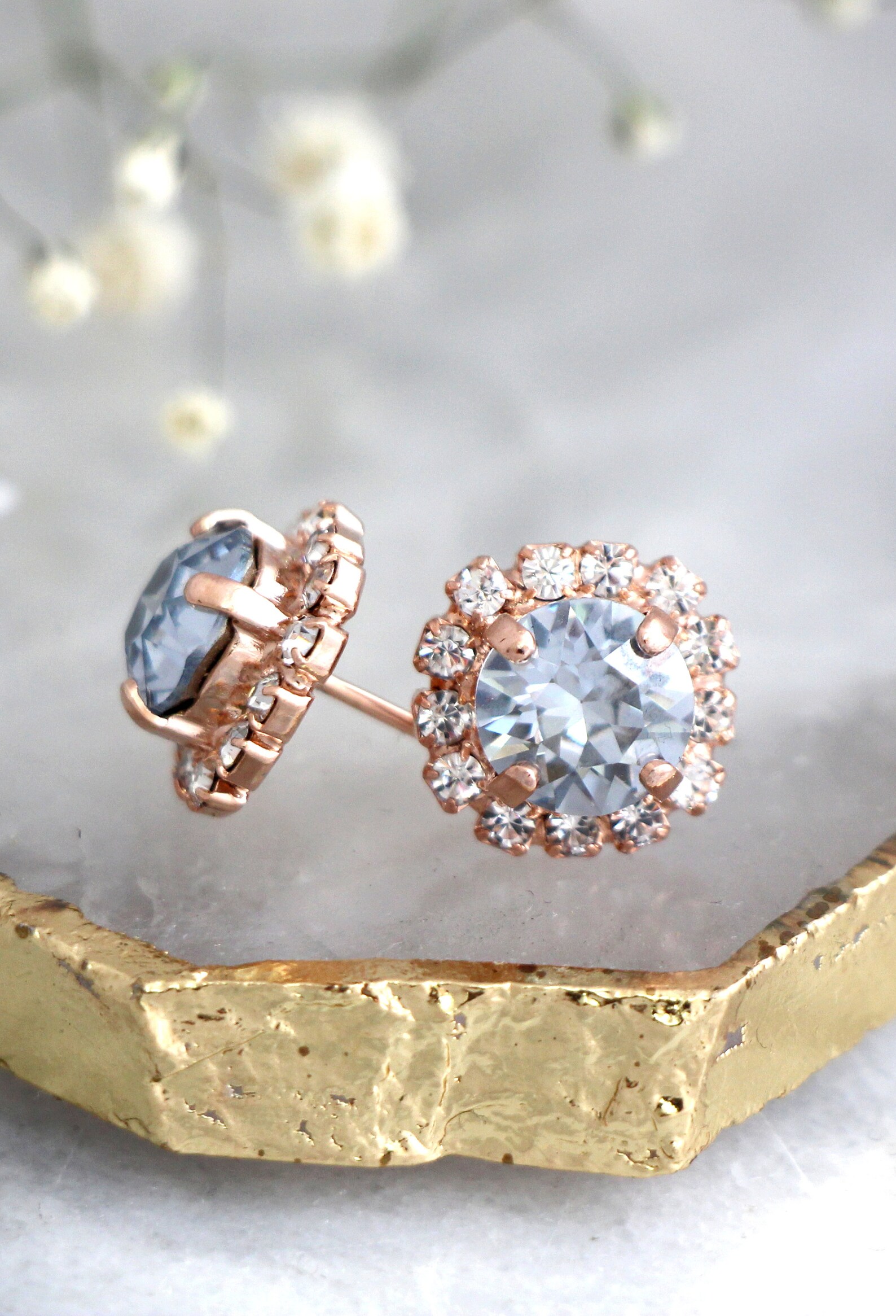 Dusty Blue Stud Earrings, Dusty Blue Crystal Studs, Dust Blue
