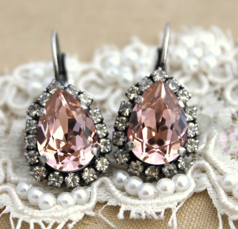 Blush Drop Silver Crystal Earrings Bridal Blush Crystal Etsy
