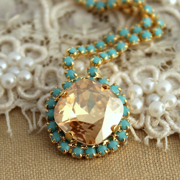 Türkisfarbener Goldkette, Boho Chic Halskette, Türkis Swarovski Goldkette, Türkis Kristallmaufe, Champagner-Halskette