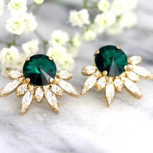 Emerald Earrings, Bridal Emerald Earrings, Crystal Emerald Earrings, Bridal Cluster Earrings, Bridesmaids Earrings, Bridal Green Studs