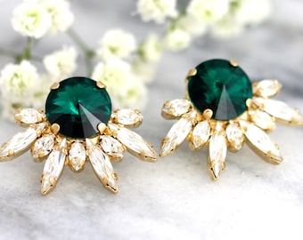 Emerald Earrings, Bridal Emerald Earrings, Crystal Emerald Earrings, Bridal Cluster Earrings, Bridesmaids Earrings, Bridal Green Studs