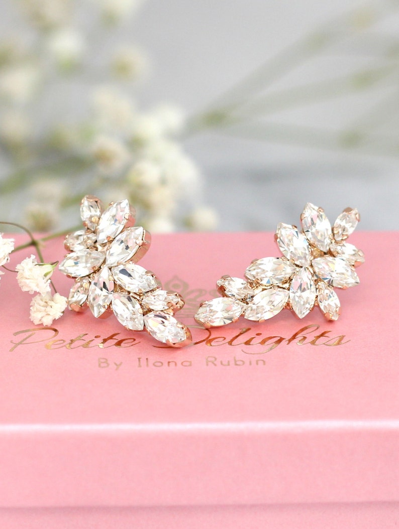 Bridal Rose Gold earrings, Clear White Crystal Climbing earrings, Bridal Cluster Studs, Climbing Bridal earrings, White Crystal Earrings image 3