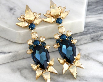 Blue Chandelier Earrings, Bridal Blue Navy Earrings, Statement Earrings, Dark Blue Champagne Earrings, Blue Navy LONG Crystal Gold Earrings