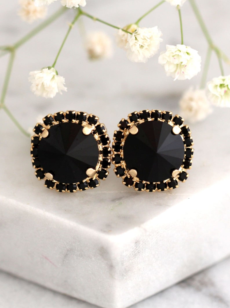 Black Earrings, Black Stud Earrings, Black Crystal Stud Earrings, Gift for her, Gold Black Earrings, Christmas Gift, Black Crystal Studs image 7