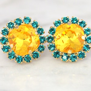 Yellow Earrings, Daffodil Bridal Earrings, Yellow Blue Teal Earrings, Bridesmaids Earrings, Gift for her, Yellow Bridal SW Crystal Earrings