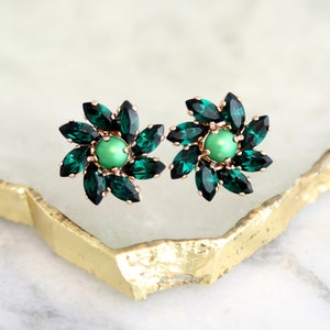 Emerald Stud Earrings, Bridal Emerald Earrings, Emerald Crystal Cluster Earrings, Dark Green Earrings, Bridesmaids Earrings, Green Studs image 1