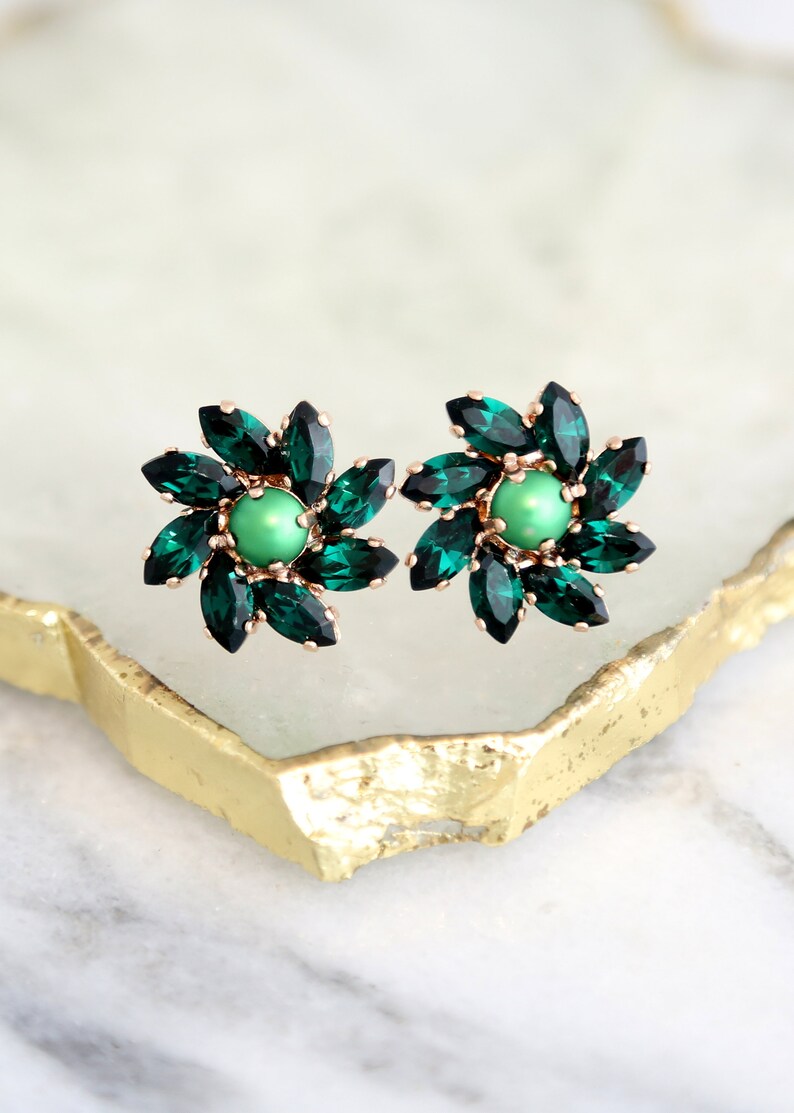 Emerald Stud Earrings, Bridal Emerald Earrings, Emerald Crystal Cluster Earrings, Dark Green Earrings, Bridesmaids Earrings, Green Studs image 1