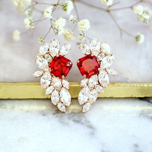 Red Crystal Earrings, Bridal Red Crystal Earrings, Scarlet Red Cluster Crystal Earrings, Ruby Red Cluster Stud Earrings, Gift For Her image 8