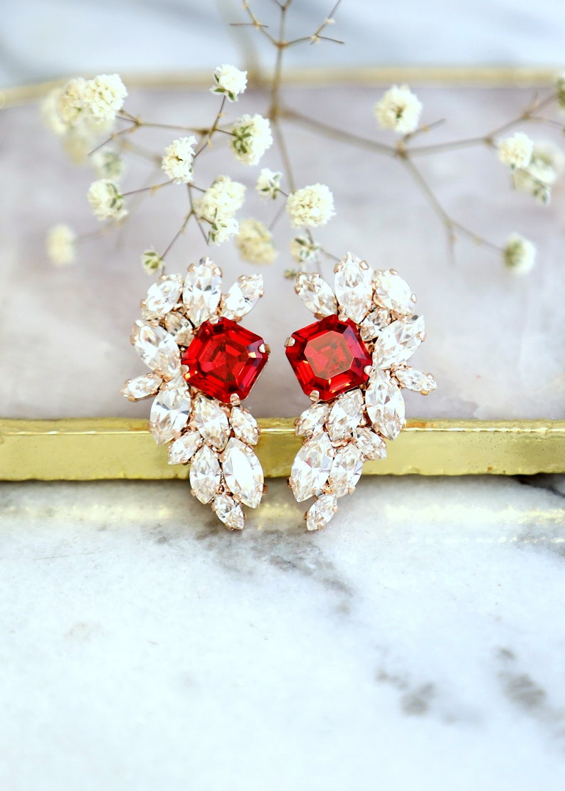 Red Crystal Earrings, Bridal Red Crystal Earrings, Scarlet Red Cluster Crystal Earrings, Ruby Red Cluster Stud Earrings, Gift For Her image 8