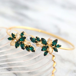 Emerald Gold Bracelet, Emerald Champagne Crystal Bracelet, Bridal Emerald Green Crystal Bracelet, Emerald Cuff Crystal Gold Bracelet. image 1