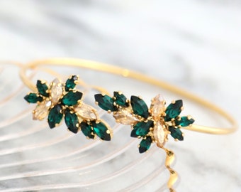 Emerald Gold Bracelet, Emerald Champagne Crystal Bracelet, Bridal Emerald Green Crystal Bracelet, Emerald Cuff Crystal Gold Bracelet.