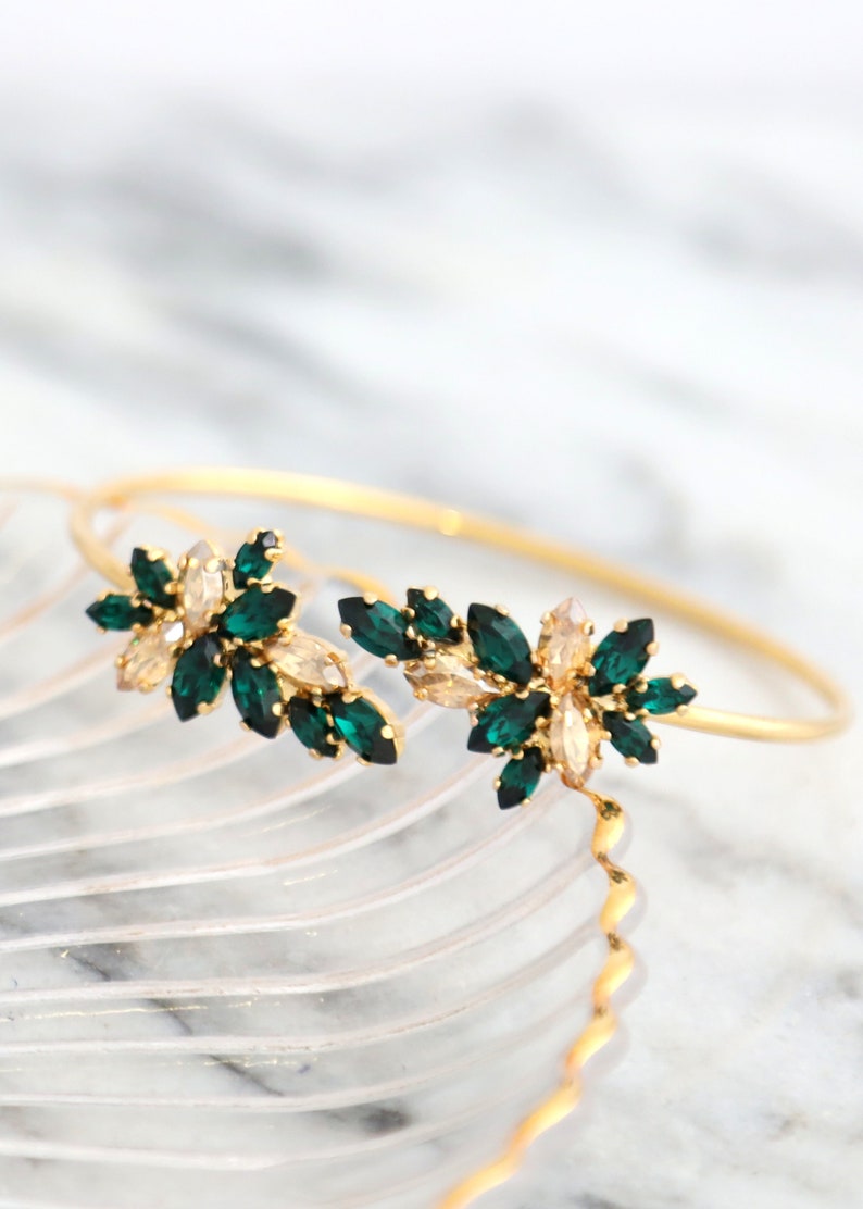 Emerald Gold Bracelet, Emerald Champagne Crystal Bracelet, Bridal Emerald Green Crystal Bracelet, Emerald Cuff Crystal Gold Bracelet. image 1