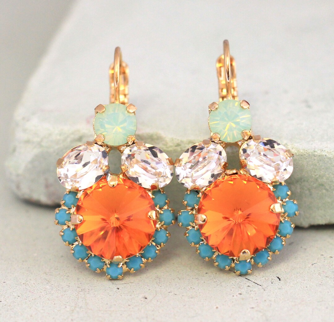 Coral Mint Earrings,orange Turquoise Drop Earrings, Swarovski Orange