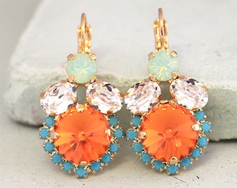 Coral Mint Earrings, Orange Turquoise Drop Earrings, Burnt Orange Earrings, Bridesmaids Earrings, Gift for her,Bridal Crystal Earrings