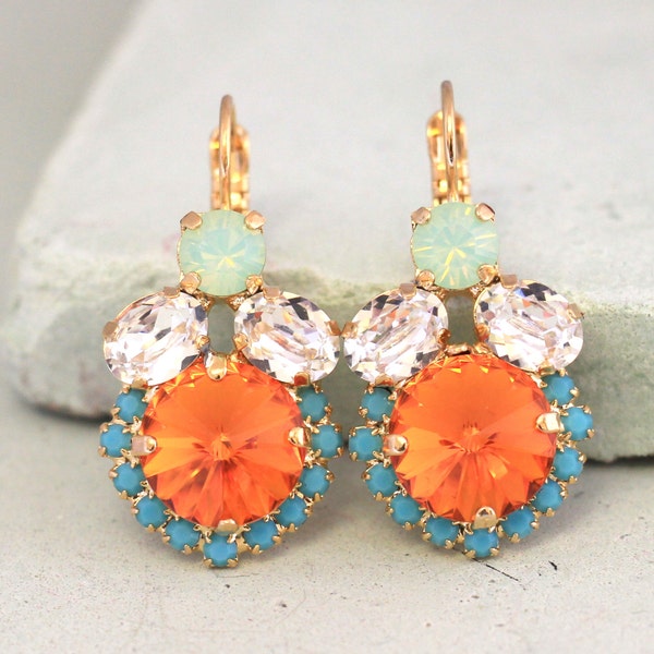 Coral Mint Earrings, Orange Turquoise Drop Earrings, Burnt Orange Earrings, Bridesmaids Earrings, Gift for her,Bridal Crystal Earrings