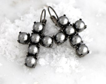 Cross Earrings, Cross Drop Earrings, Pearl Earrings, Gunmetal Earrings, Gray Pearl Earrings, Gothic Earrings, Cross Jewelry, Christmas Gift