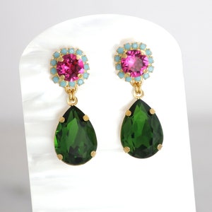 Green Pink Earrings, Green Peridot Pink Drop Earrings, Pink Green Chandelier Earrings, Green Pink Crystal Earrings, Pink Green Jewelry image 6