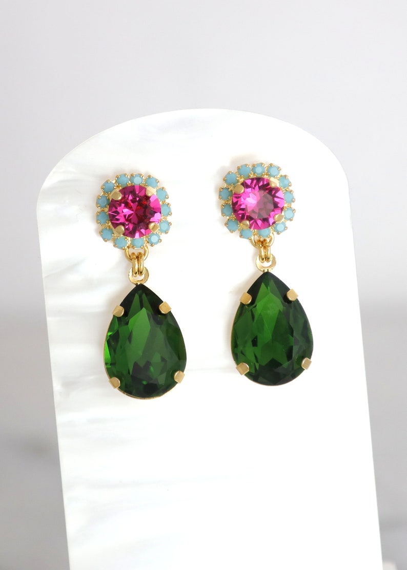 Green Pink Earrings, Green Peridot Pink Drop Earrings, Pink Green Chandelier Earrings, Green Pink Crystal Earrings, Pink Green Jewelry image 6