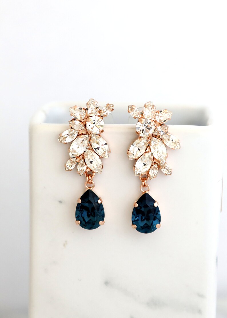 Blue Navy Bridal Earrings, Navy Blue Crystal Bridal Earrings, Dark Blue Sapphire Earrings, Blue Navy Chandelier Earrings, Blue Navy Jewelry image 6