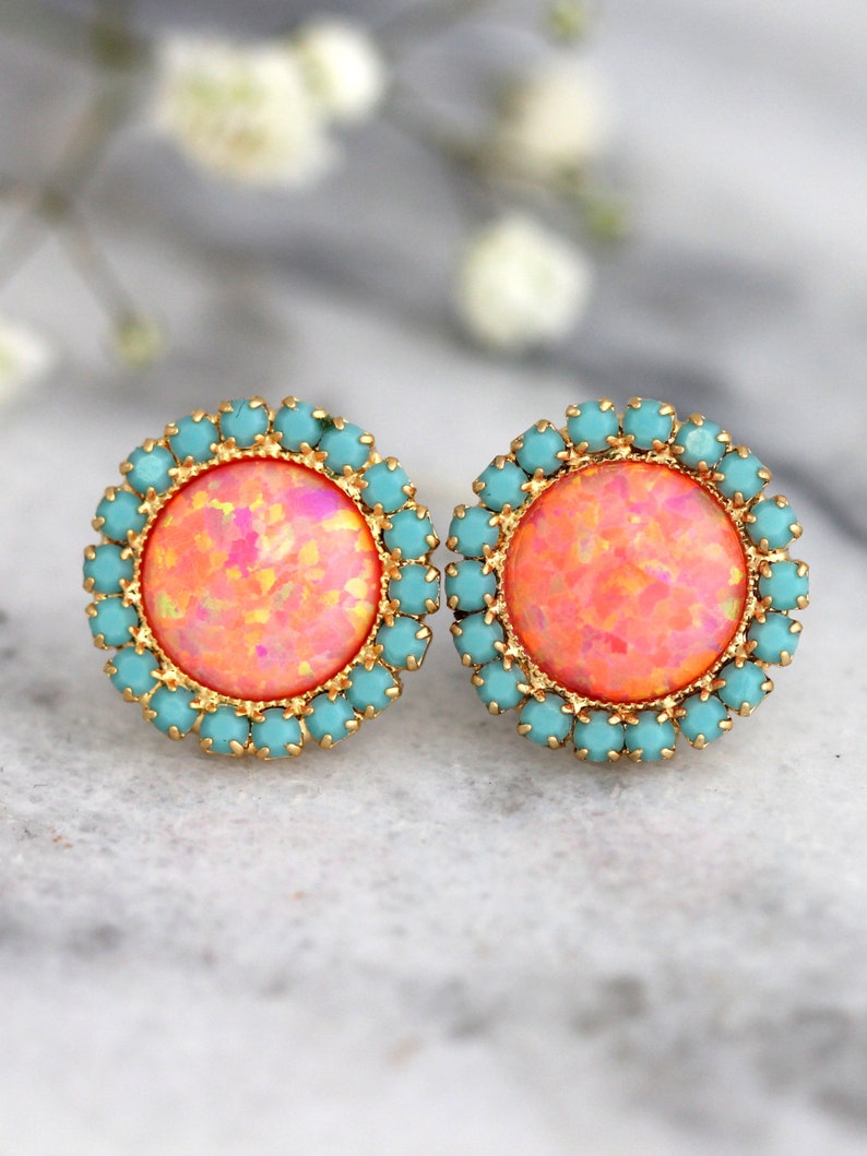 Opal earrings, Coral Mint earrings, Opal Stud Earrings, Tangerine bridesmaids Earrings, Gift For Her, Orange Earrings, Fire Opal Earrings image 4