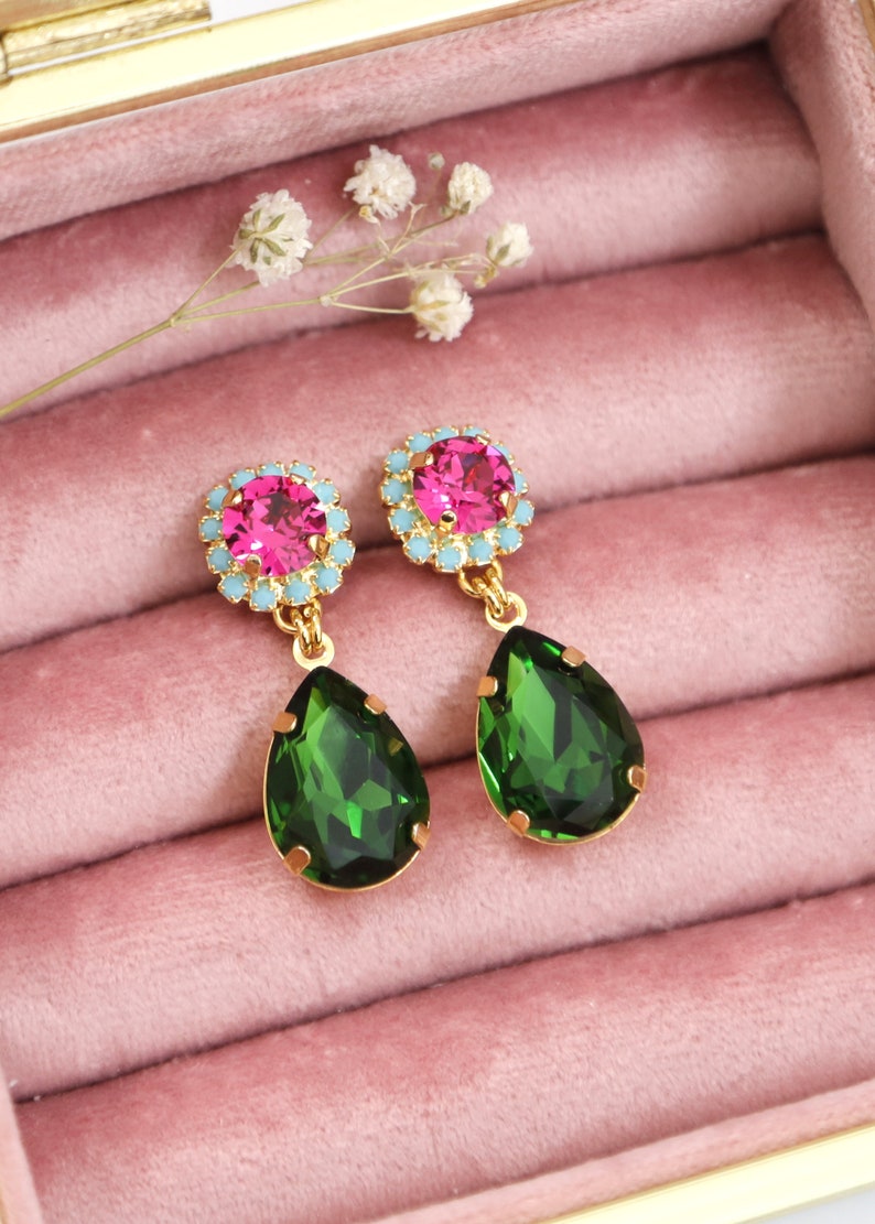 Green Pink Earrings, Green Peridot Pink Drop Earrings, Pink Green Chandelier Earrings, Green Pink Crystal Earrings, Pink Green Jewelry image 3