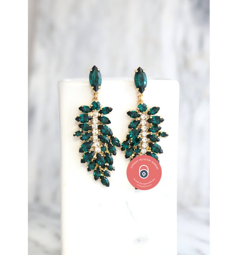 Emerald Statement Long Earrings, Emerald Green Chandelier Earrings, Bridal Emerald Green Earrings, Emerald Wedding, Chandelier Earrings image 2