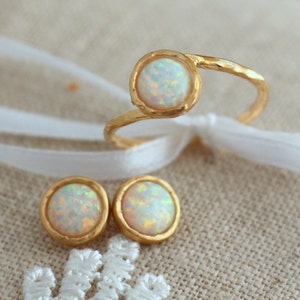 White Opal Earrings, Opal stud earrings, White Opal earrings, Gold Opal earrings,Gift for woman, October birthstone, Dainty Opal earrings. image 3