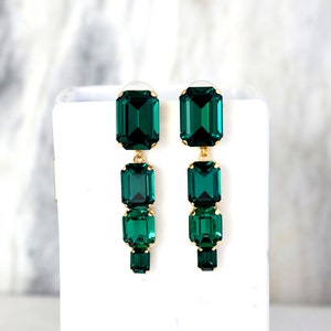 Emerald Chandelier Earrings, Emerald Green Long Crystal Earrings, Emerald Cut Drop Chandelier Earrings, Bridal Dark Green Crystal Earrings image 5