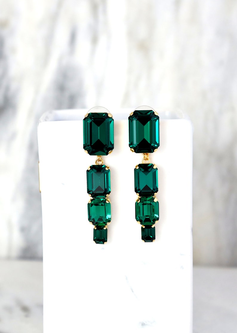 Emerald Chandelier Earrings, Emerald Green Long Crystal Earrings, Emerald Cut Drop Chandelier Earrings, Bridal Dark Green Crystal Earrings image 5