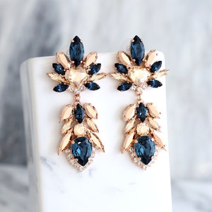 Blue Navy Earrings, Bridal Blue Navy Earrings, Dark Blue Chandeliers, Blue Rose Gold Earrings, Champagne Blue Earrings, Blue Long Earrings