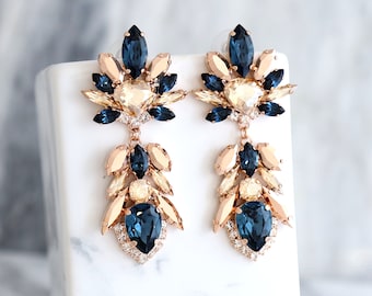 Blue Navy Earrings, Bridal Blue Navy Earrings, Dark Blue Chandeliers, Blue Rose Gold Earrings, Champagne Blue Earrings, Blue Long Earrings
