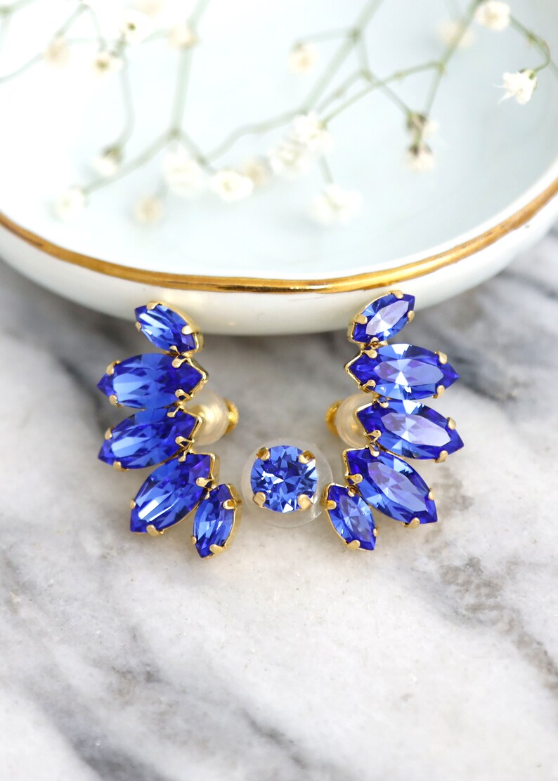 Ear Climber earrings, Blue Sapphire Climbing earrings, Cobalt Blue Ear Cuff Earrings, Blue Sapphire Ear Crawler Crystal Earrings image 6