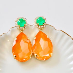 Orange Statement Long Earrings, Orange Green Crystal Chandeliers, Orange Neon Earrings, Pink Oversized Orange Chandelier Earrings