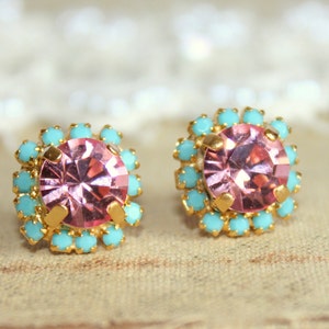 Pink Blue Stud Stud Earrings, Pink Crystal Earrings, Bridesmaids Earrings, Gift For Women, Handmade Pink Earrings, Pink Turquoise Earrings image 1