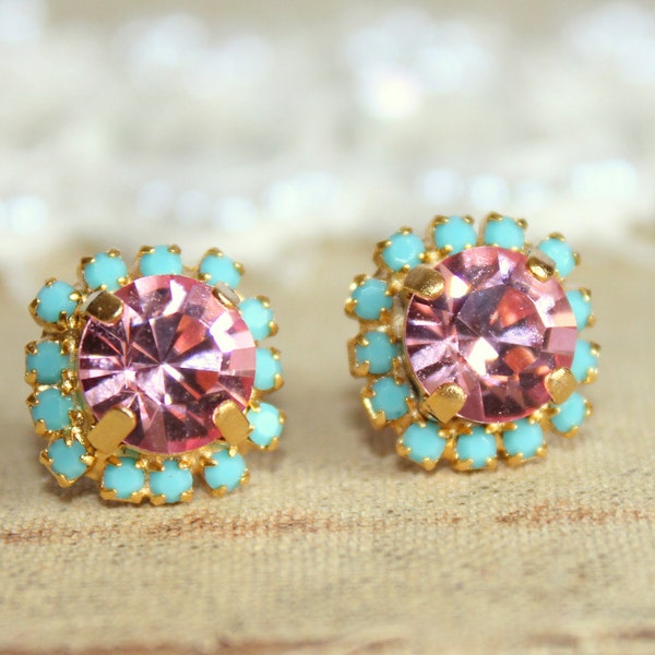 Rosa Blau Ohrstecker Ohrstecker, Rosa Kristall Ohrringe, Brautjungfern Ohrringe, Geschenk für Frauen, Handgemachte Rosa Ohrringe, Rosa Türkis Ohrringe