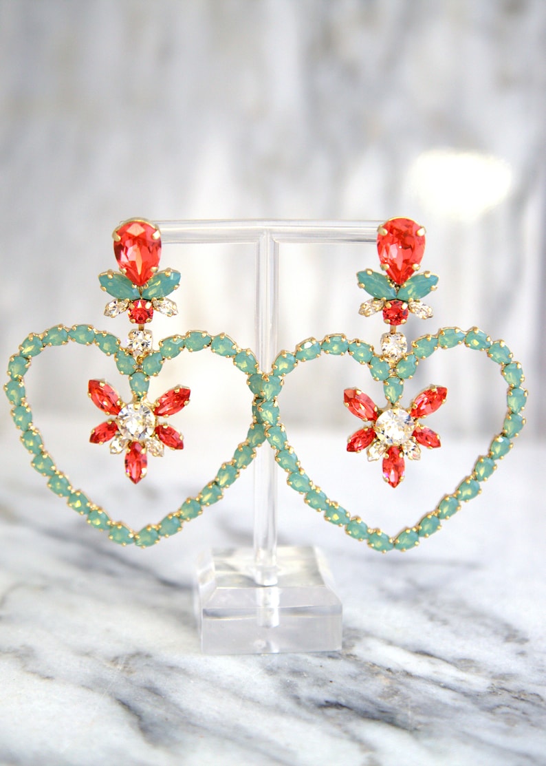 Oversize Statement Earrings Coral Mint Earrings Heart Etsy