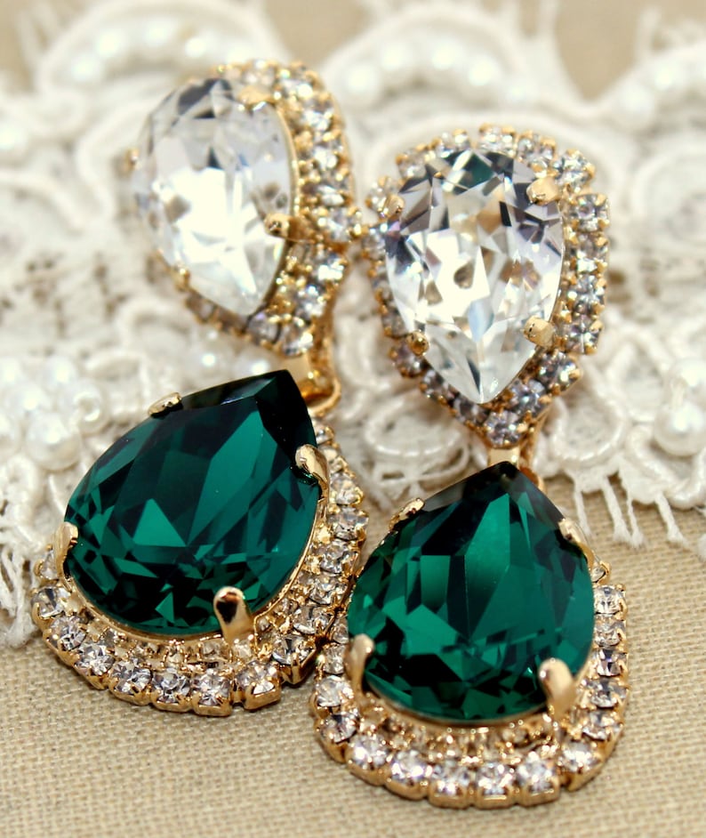 Emerald chandelier earring, Estate earrings, Bridal Emerald Chandelier Drop Crystal Earrings, Green Emerald Crystal Gold Earrings. image 3