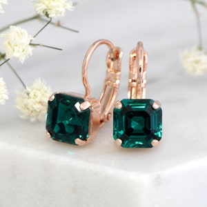 Emerald Earrings, Emerald Drop Earrings, Dark Green Earrings, Bridal Emerald Earrings, Rose Gold Earrings, Princess Cut Crystal Earrings