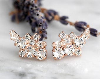 Bridal Climbing Earrings, Climbing Earrings, Climber Clear Crystal Bridal Earrings, Bridal Rose Gold Earrings, Cluster Gold Drop Earrings