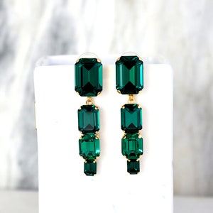 Emerald Chandelier Earrings, Emerald Green Long Crystal Earrings, Emerald Cut Drop Chandelier Earrings, Bridal Dark Green Crystal Earrings image 10