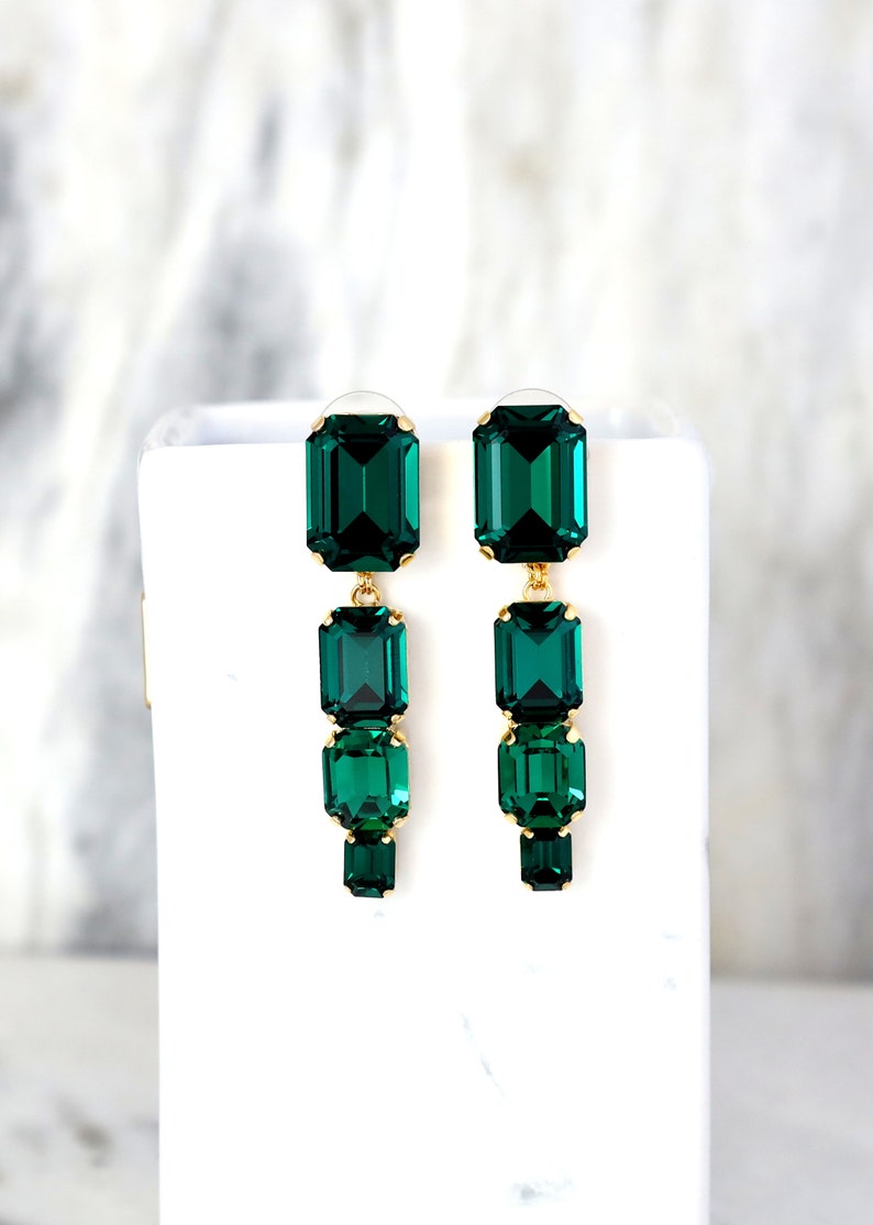 Emerald Chandelier Earrings, Emerald Green Long Crystal Earrings, Emerald Cut Drop Chandelier Earrings, Bridal Dark Green Crystal Earrings image 10