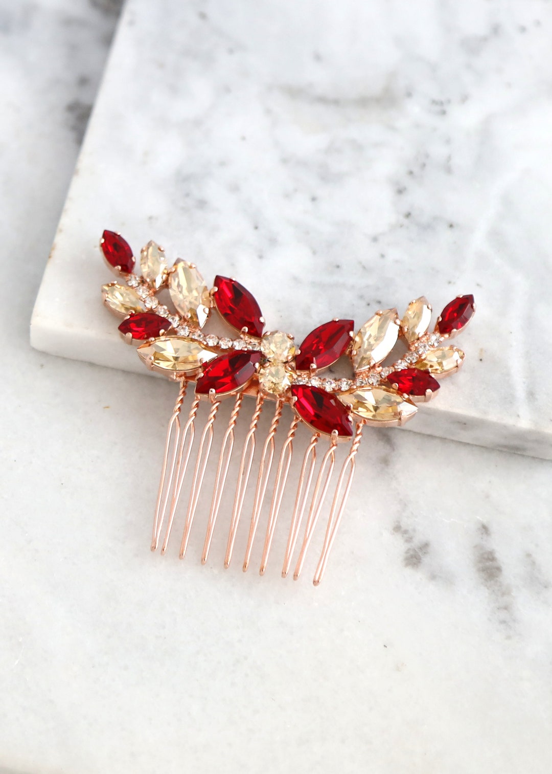 Handmade Large Red Beaded Hairpiece /Haircomb Amazon.com : Denifery Red Crystal Hair Comb for Women Red  main image 3