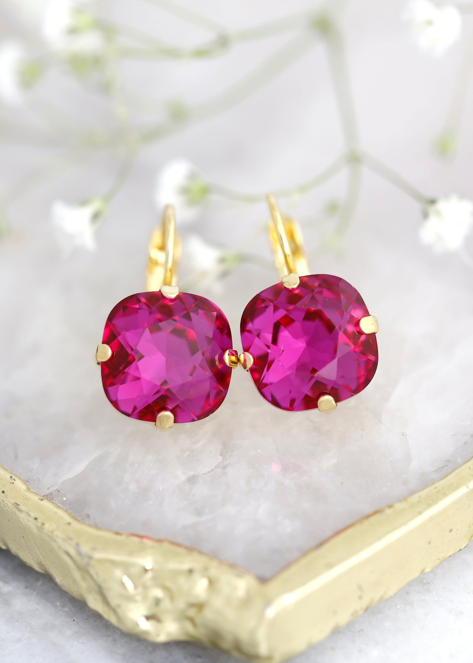 Fuchsia Pink Drop Earrings, Magenta Crystal Drop Earrings, Fuchsia Pink ...
