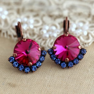 Pink Blue Drop Earrings, Fuchsia Pink Crystal Earrings, Hot Pink Crystal Lever back Earrings, Bridesmaids Pink Earrings, Fuchsia Earrings image 3