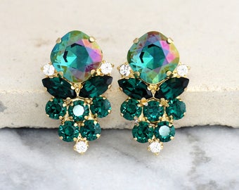 Emerald Earrings, Emerald Green Earrings, Emerald Crystal Earrings, Christmas Gift, Bridal Emerald Custer Earrings, Emerald Crystal Studs